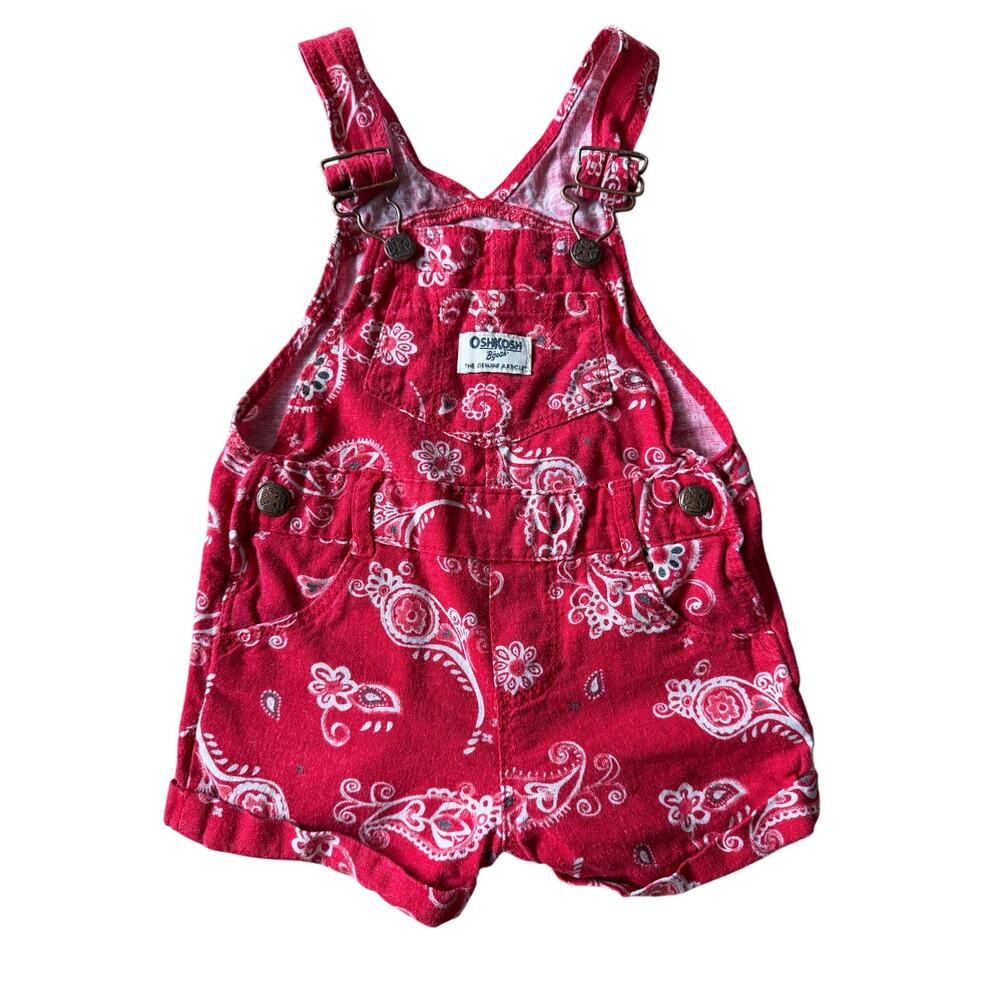 OshKosh B'gosh Bandana Print Shortalls Baby 12M Red Paisley Linen Overalls